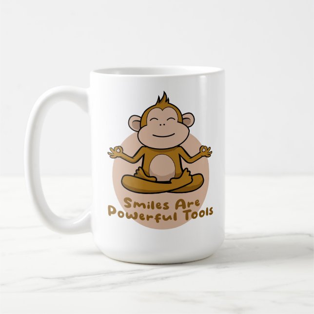 Kawaii funny brown monkey smiling and doing yoga  coffee mug (Left)