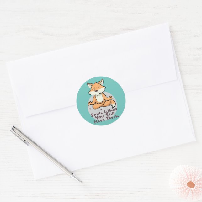Kawaii funny fox smiling and doing yoga poses classic round sticker (Envelope)