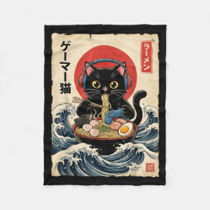 Kawaii Gamer Cat Eating Ramen Retro Japanese Anime Fleece Blanket
