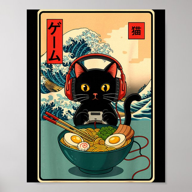 Kawaii Gamer Cat Ramen Retro Japanese Funny Cat Ga Poster (Front)