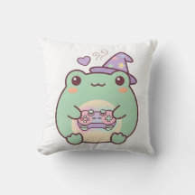 Kawaii Gamer Frog Wizard Pastel Cosy Throw Pillow
