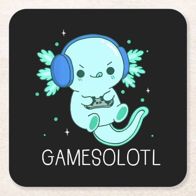 Kawaii Gamesolotl Axolotl Gamer Square Paper Coaster (Front)