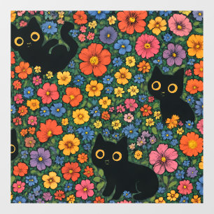 Kawaii Garden Art Cute Black Cat Floral Pattern