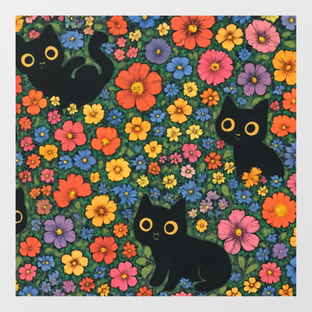 Kawaii Garden Art | Cute Black Cat Floral Pattern (Sheet)