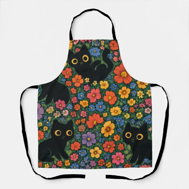 Kawaii Garden Art | Cute Black Cat Floral Pattern Apron (Front)