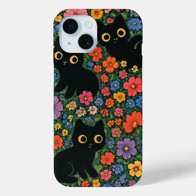Kawaii Garden Art | Cute Black Cat Floral Pattern Case-Mate iPhone Case (Back)
