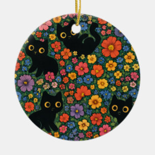 Kawaii Garden Art   Cute Black Cat Floral Pattern Ceramic Tree Decoration