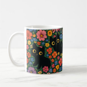 Kawaii Garden Art   Cute Black Cat Floral Pattern Coffee Mug
