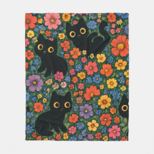 Kawaii Garden Art Cute Black Cat Floral Pattern Fleece Blanket