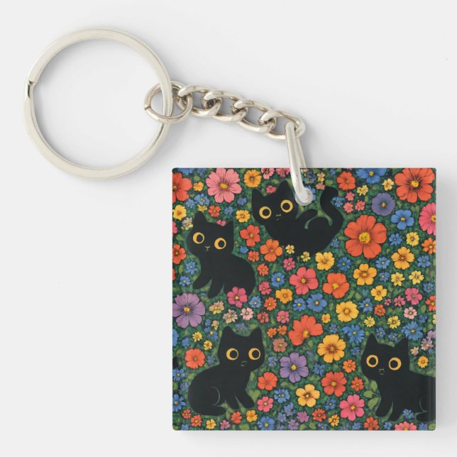 Kawaii Garden Art | Cute Black Cat Floral Pattern Key Ring (Front)