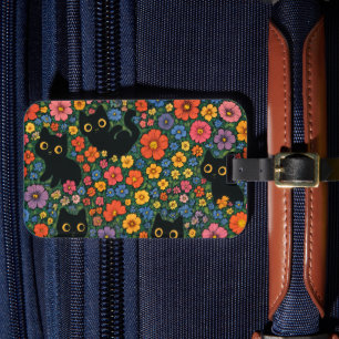 Kawaii Garden Art   Cute Black Cat Floral Pattern Luggage Tag