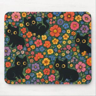 Kawaii Garden Art – Cute Black Cat Floral Pattern Mouse Pad
