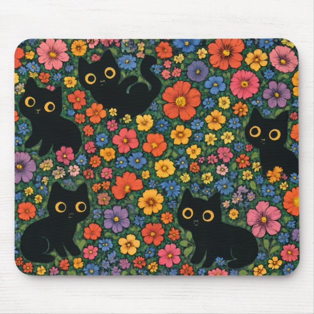 Kawaii Garden Art – Cute Black Cat Floral Pattern Mouse Pad (Front)