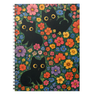 Kawaii Garden Art Cute Black Cat Floral Pattern Notebook