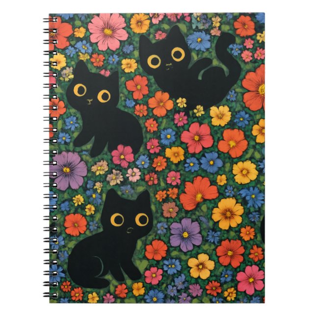 Kawaii Garden Art | Cute Black Cat Floral Pattern Notebook (Front)