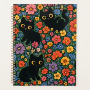 Kawaii Garden Art Cute Black Cat Floral Pattern Planner