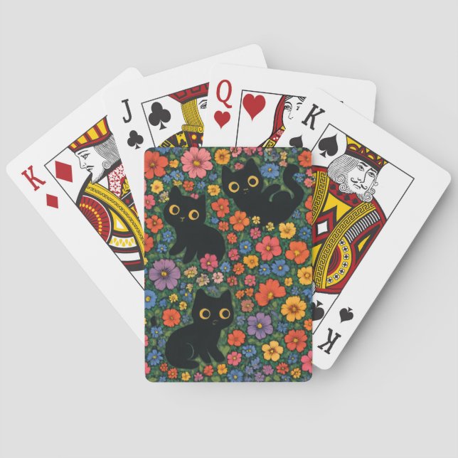 Kawaii Garden Art | Cute Black Cat Floral Pattern Playing Cards (Back)