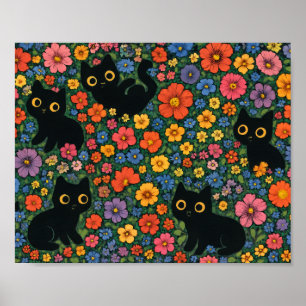 Kawaii Garden Art   Cute Black Cat Floral Pattern Poster