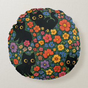Kawaii Garden Art   Cute Black Cat Floral Pattern Round Cushion