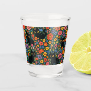 Kawaii Garden Art Cute Black Cat Floral Pattern Shot Glass