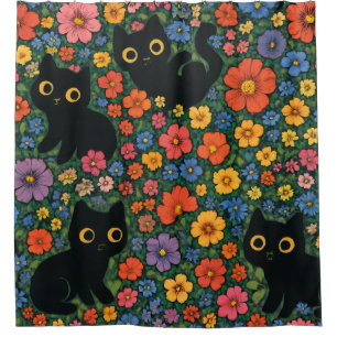 Kawaii Garden Art Cute Black Cat Floral Pattern Shower Curtain