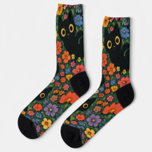 Kawaii Garden Art   Cute Black Cat Floral Pattern Socks