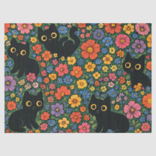 Kawaii Garden Art – Cute Black Cat Floral Pattern Tissue Paper