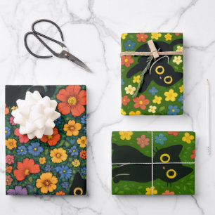 Kawaii Garden Art – Cute Black Cat Floral Pattern Wrapping Paper Sheet
