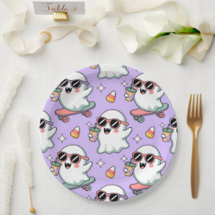 Kawaii Ghost Bubble Tea Pattern –Cute Pastel Ghost Paper Plate