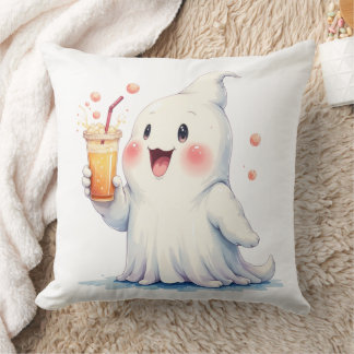 Kawaii Ghost Drinking Soda Throw Pillow