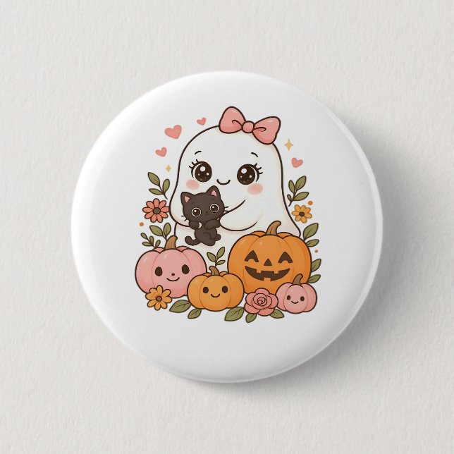 Kawaii Ghost Halloween Black Cat Pumpkin Fall Spoo 6 Cm Round Badge (Front)