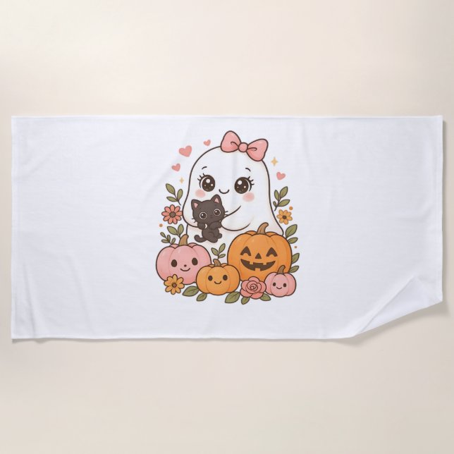 Kawaii Ghost Halloween Black Cat Pumpkin Fall Spoo Beach Towel (Front)