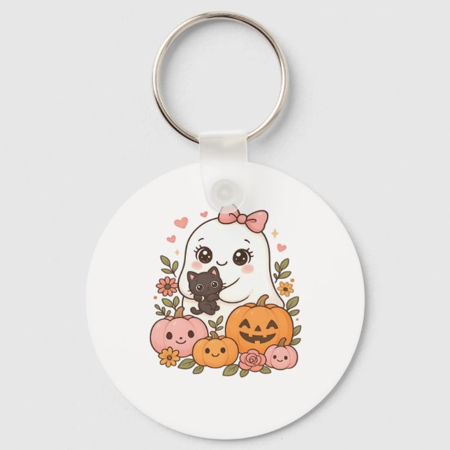 Kawaii Ghost Halloween Black Cat Pumpkin Fall Spoo Key Ring (Front)