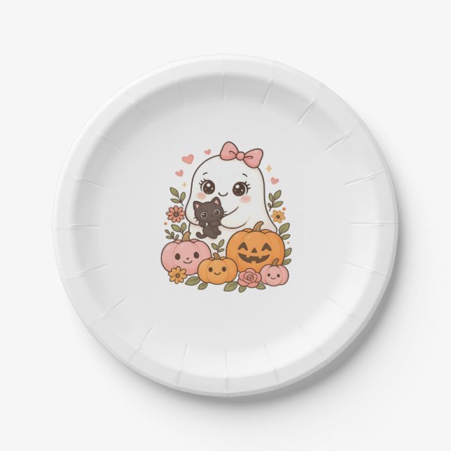 Kawaii Ghost Halloween Black Cat Pumpkin Fall Spoo Paper Plate (Front)