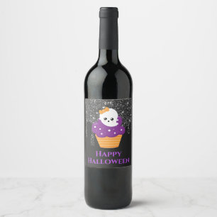 Kawaii Ghost Halloween Cupcake Wine Label