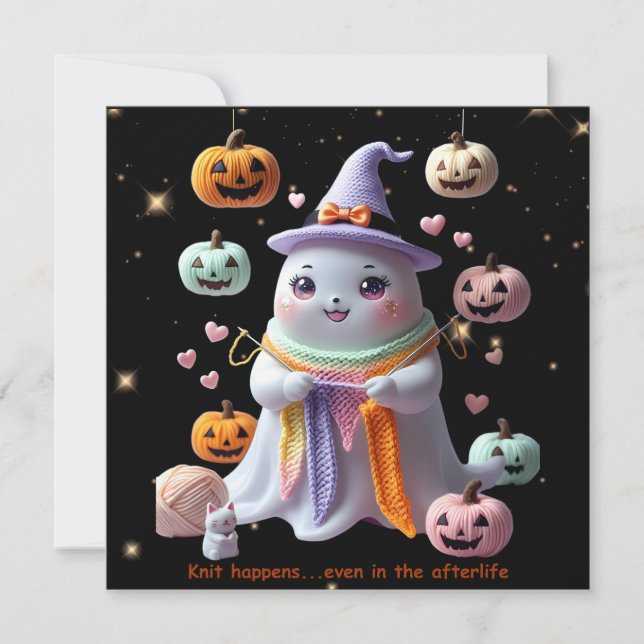 Kawaii Ghost Knitting Halloween Invitation Sticker (Front)