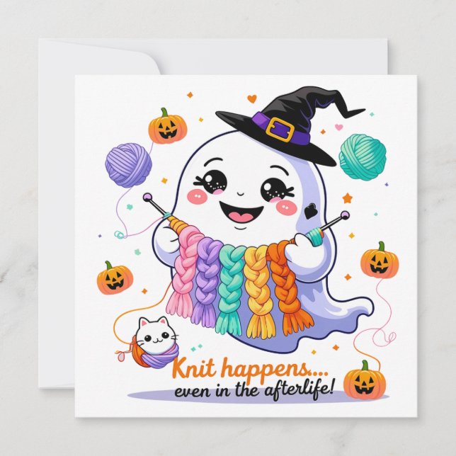Kawaii Ghost Knitting Halloween Invitation Sticker (Front)