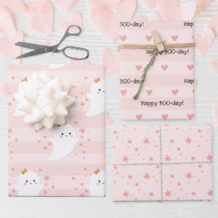 Kawaii Ghost Pink Halloween Birthday Wrapping Paper Sheet
