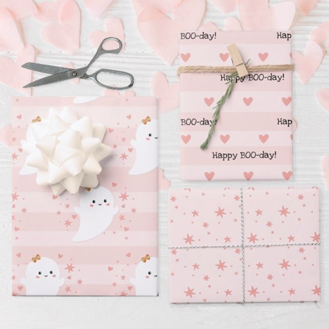 Kawaii Ghost Pink Halloween Birthday Wrapping Paper Sheet (Happy BooDay Cute Ghost Halloween Birthday Gift Wrap)