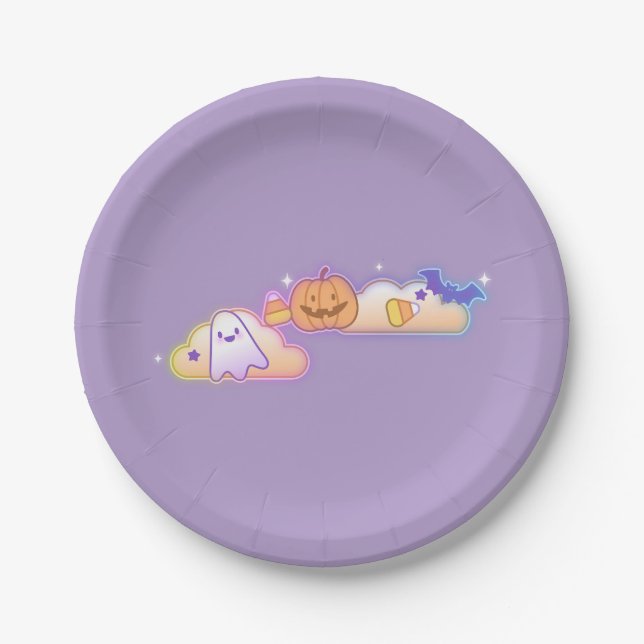 Kawaii Ghost, Pumpkin & Bat Halloween Paper Plate (Front)