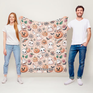 Kawaii Ghost Pumpkin Halloween Orange Pattern Fleece Blanket