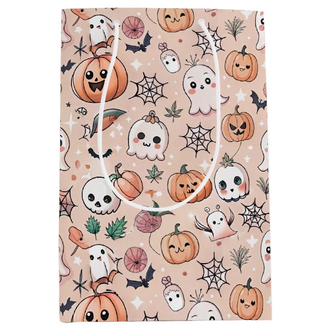 Kawaii Ghost Pumpkin Halloween Orange Pattern Medium Gift Bag (Front)