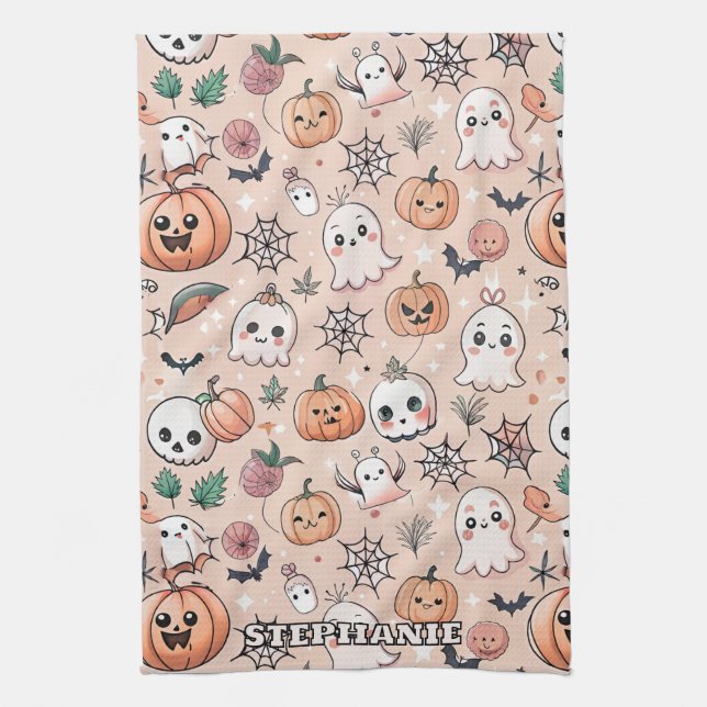 Kawaii Ghost Pumpkin Halloween Orange Pattern Tea Towel (Vertical)