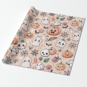 Kawaii Ghost Pumpkin Halloween Orange Pattern Wrapping Paper