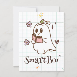 kawaii ghost reading a book, cute spooky halloween postcard