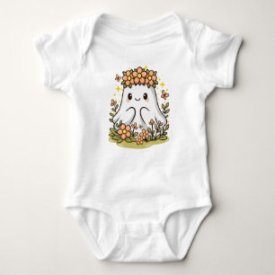 Kawaii Ghost Surrounded by Flowers Baby Bodysuit