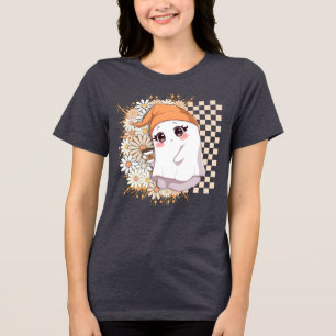 Kawaii Ghost with Coffee and Daisies - Cute Cosy Tri-Blend Shirt