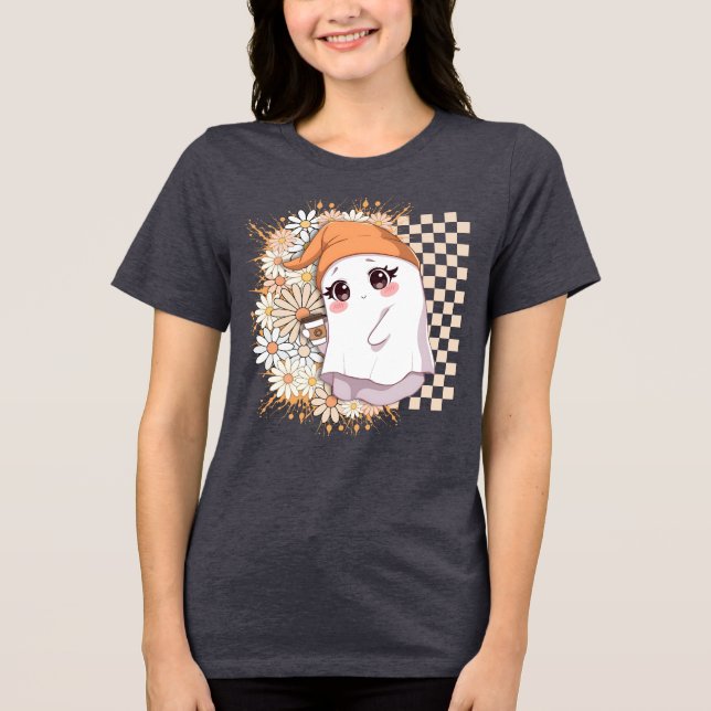 Kawaii Ghost with Coffee and Daisies - Cute Cosy Tri-Blend Shirt (Front)