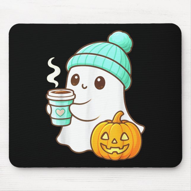Kawaii Ghost With Pumpkin Coffee Cosy Halloween Au Mouse Pad (Front)