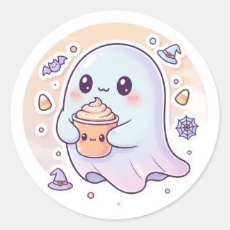 Kawaii Ghost with Pumpkin Latte – Cute Halloween S Classic Round Sticker